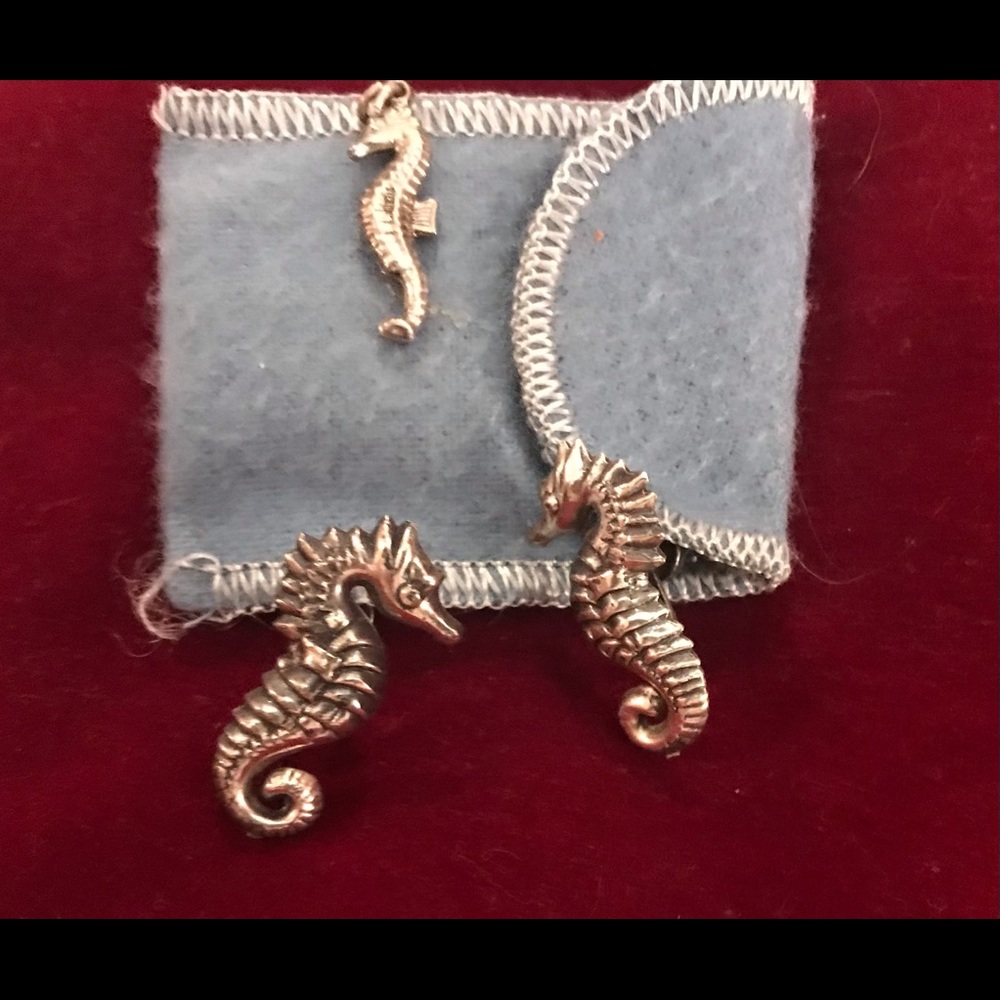 Vintage 1940s Sterling seahorse earrings and charm